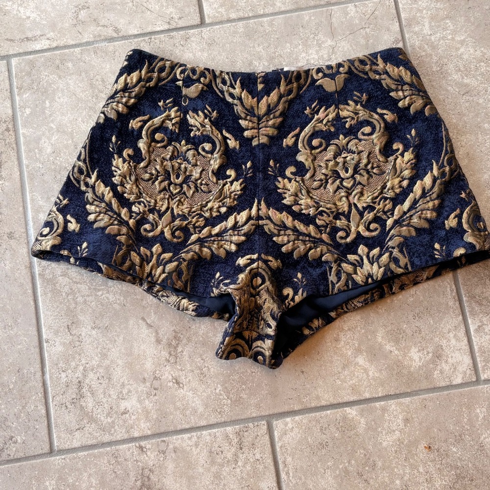 Keepsake Baroque Brocade Shorts M Gold Navy Mob Wife Maximalist Rococo
